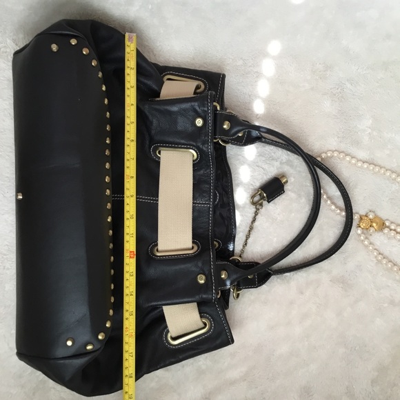 Francesco Biasia Genuine Black Leather Oversized Handbag Push Lock Canvas Strap - Picture 12 of 17